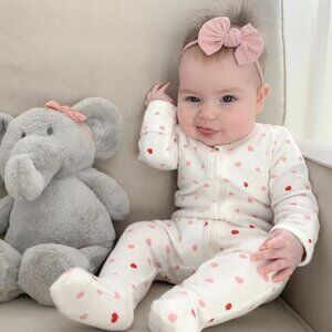 Owlivia - Organic Cotton Heart Print Kids Footie - White and Pink